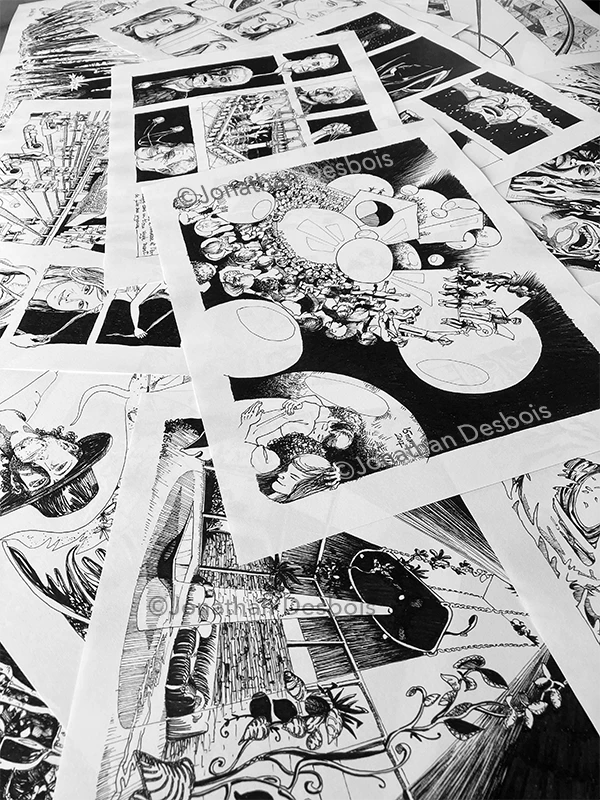 Photographie de planches destinées à une exposition de dessins.