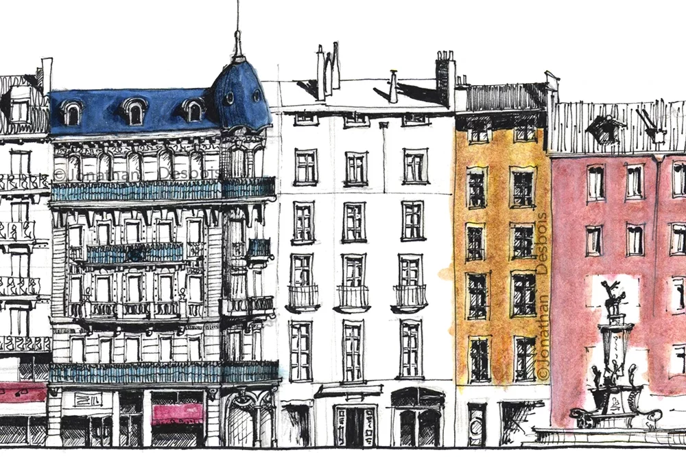 jonathan-desbois-illustration-patrimoine-facade-2a-03 Relevé des façades patrimoniales de la rue Notre-Dame, à Grenoble.