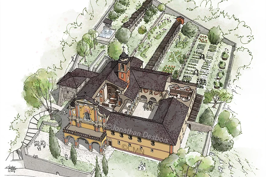 Illustration en vue d’oiseau pour la signalétique touristique du monastère de Saorge.