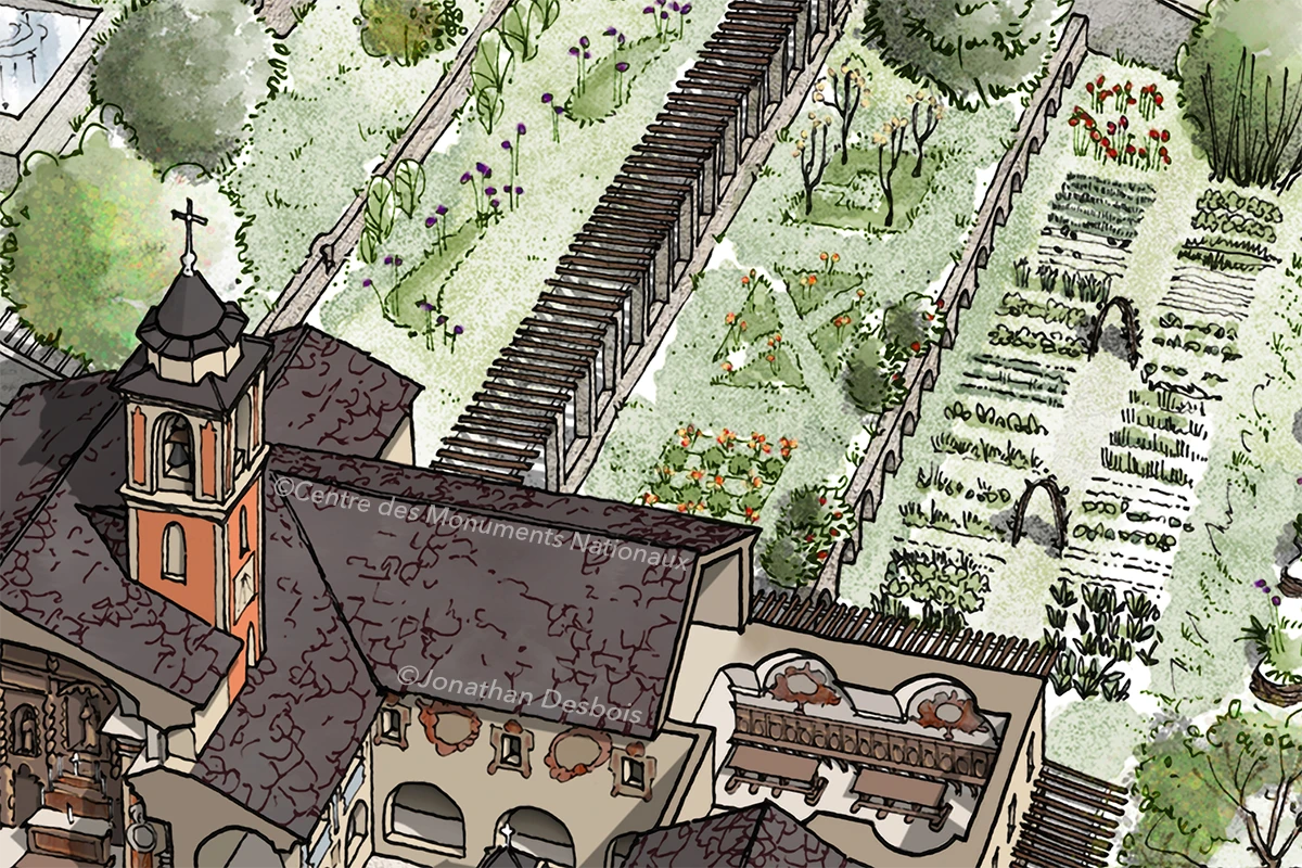 Illustration en vue d’oiseau pour la signalétique touristique du monastère de Saorge.