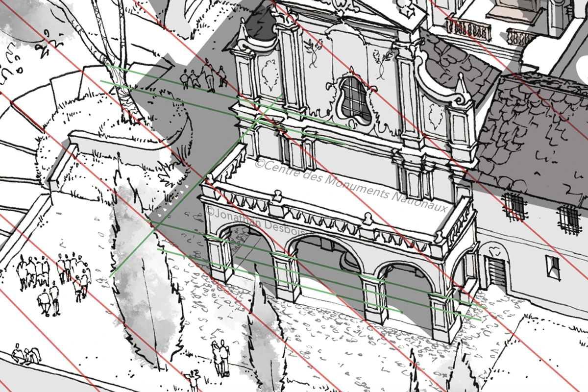 Tracés de construction pour les ombres d’un monastère.