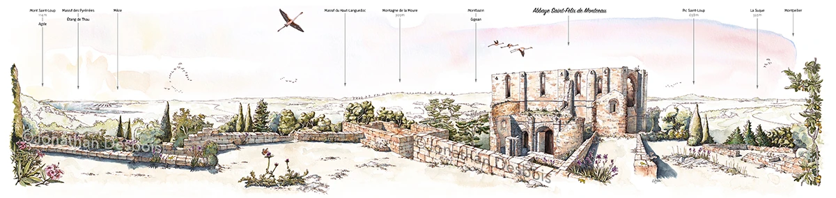 Illustration du panorama méditerranéen de l’abbaye Saint-Félix-de-Montceau, à Gigean.