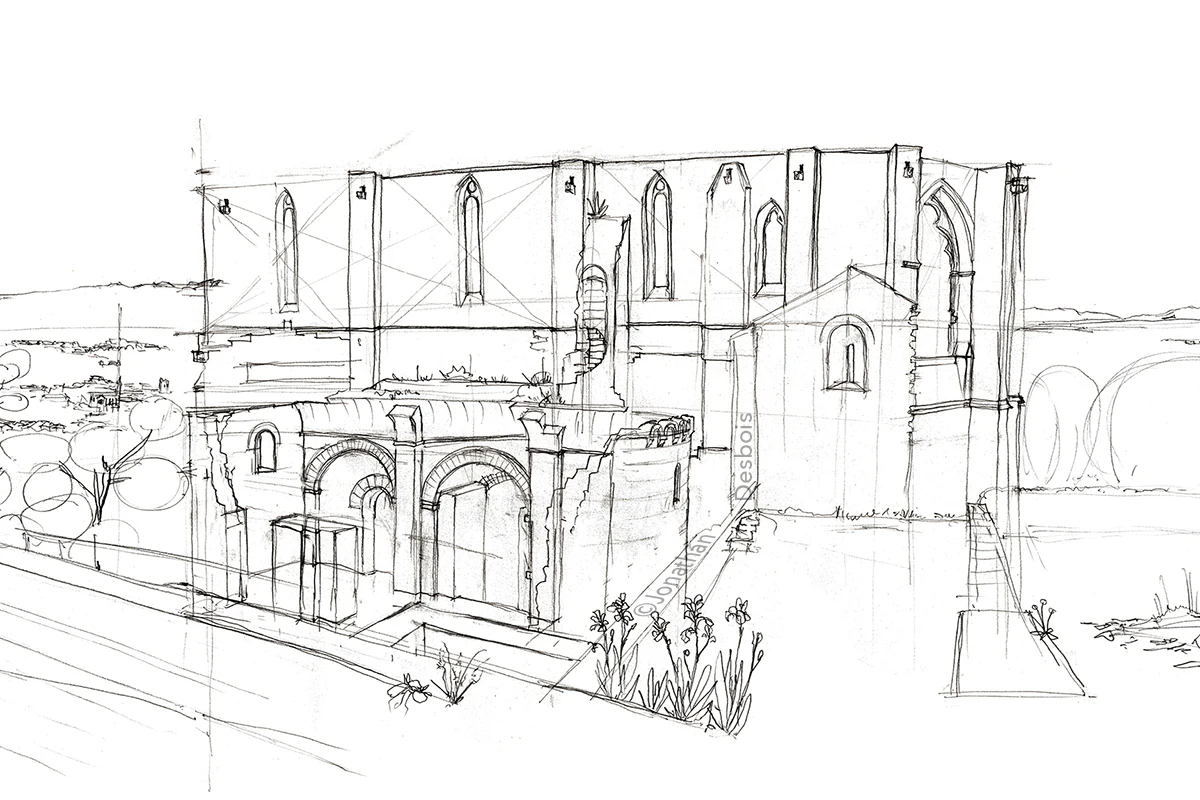 Esquisse au crayon pour le panorama méditerranéen d’une ancienne abbaye en ruines.