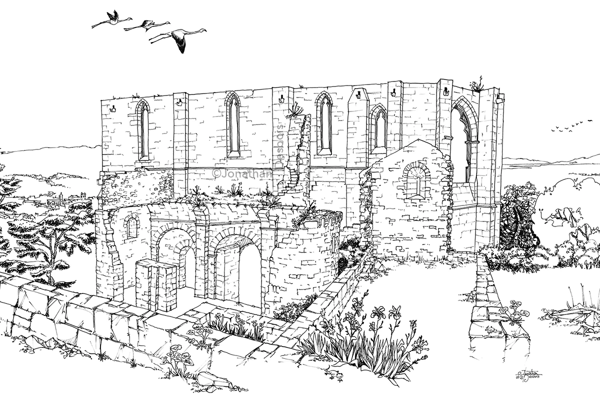 Esquisse au crayon pour le panorama méditerranéen d’une ancienne abbaye en ruines.