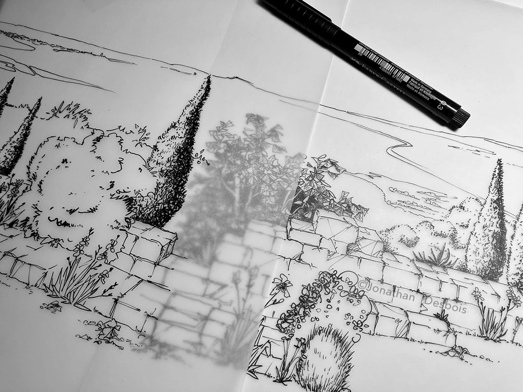 Photographie des croquis préparatoires représentant les vieilles pierres d’une abbaye en ruines.
