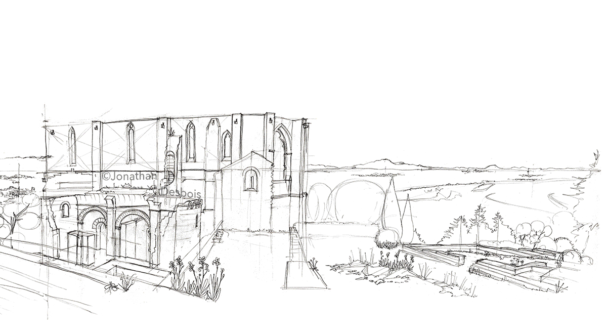 Animation montrant l’élaboration progressive du panorama méditerranéen sur le site de l’ancienne abbaye de Saint-Félix-de-Montceau.