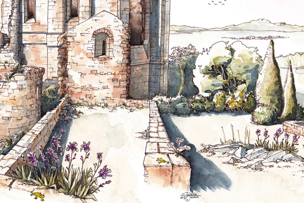 Illustration du panorama méditerranéen de l’abbaye Saint-Félix-de-Montceau, à Gigean.