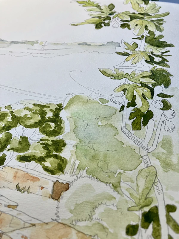 Photographie des croquis préparatoires pour le panorama méditerranéen d’une ancienne abbaye en ruines.