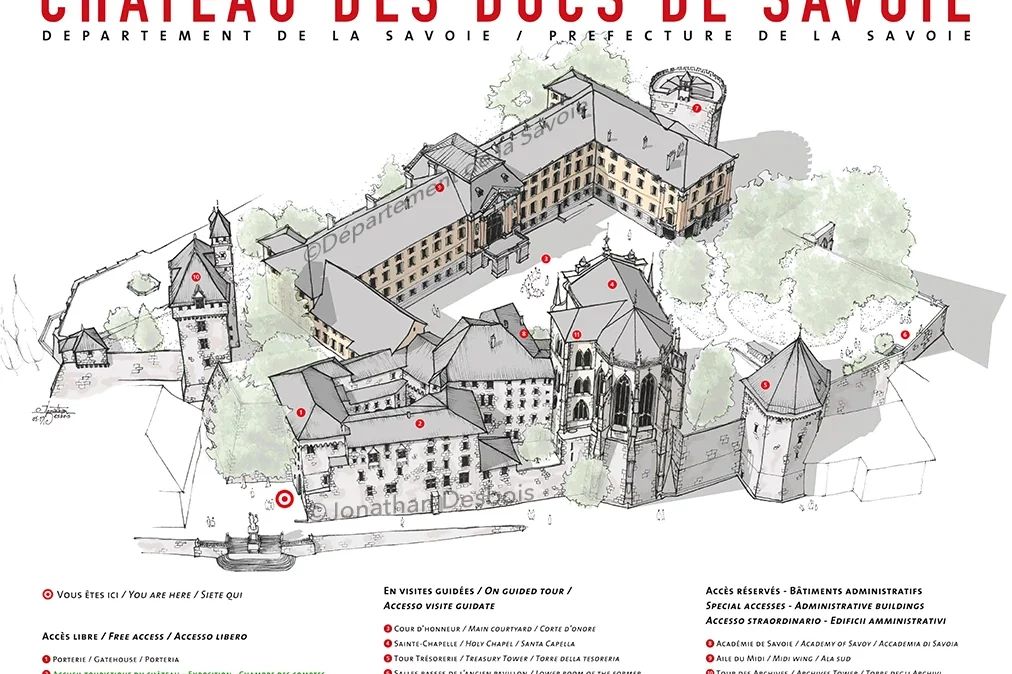 jonathan-desbois-illustration-patrimoine-perspective-2c-01 Plan et perspective de repérage pour l’orientation touristique du château des Ducs de Savoie.