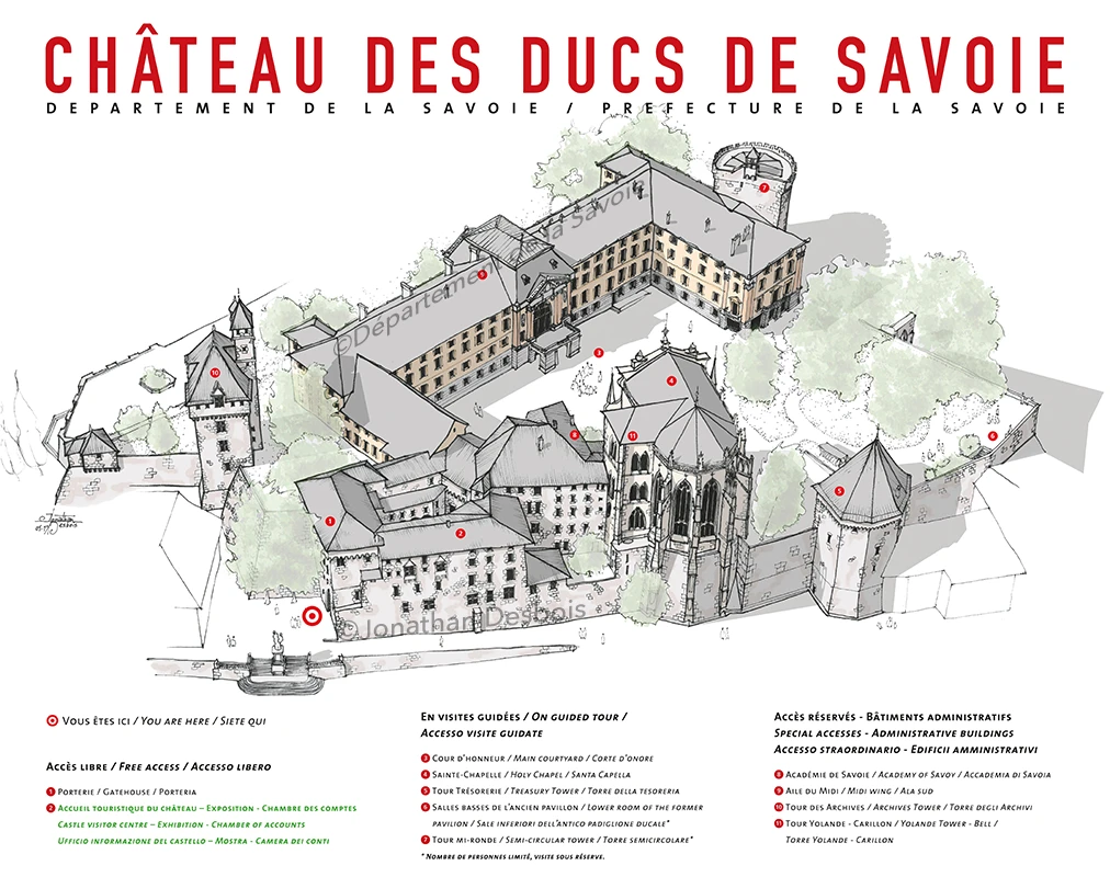 Plan et perspective de repérage pour l’orientation touristique du château des Ducs de Savoie.