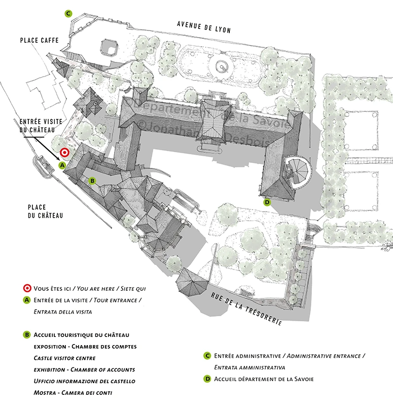 Plan et perspective de repérage pour l’orientation touristique du château des Ducs de Savoie.