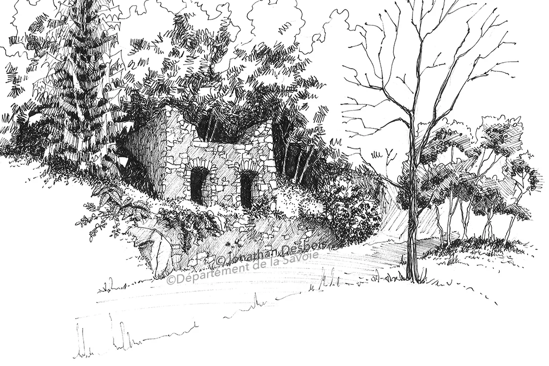 jonathan-desbois-illustration-patrimoine-releve-2b-01 Croquis de relevés et de restitution de sites patrimoniaux liés au passé industriel minier, en Savoie.