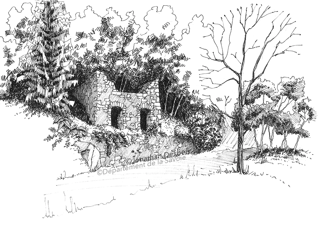 Croquis de relevés et de restitution de sites patrimoniaux liés au passé industriel minier, en Savoie.