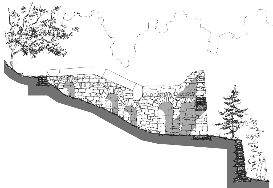Croquis de relevés et de restitution de sites patrimoniaux liés au passé industriel minier, en Savoie.