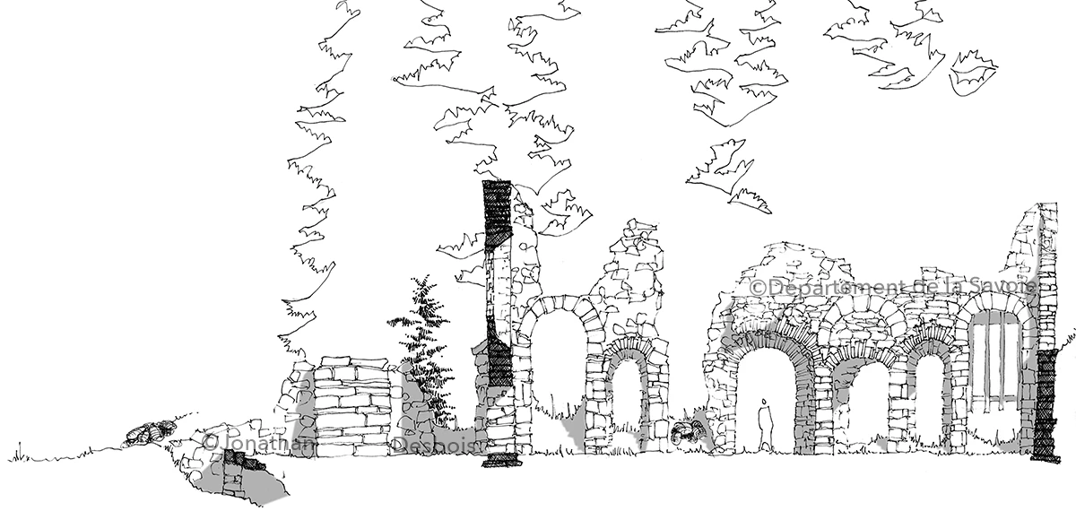 Croquis de relevés et de restitution de sites patrimoniaux liés au passé industriel minier, en Savoie.