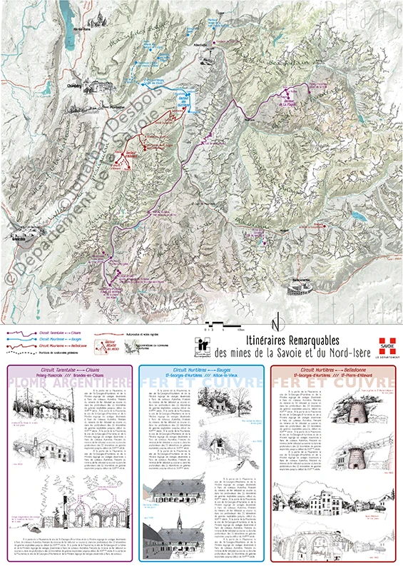 Cartographie d’itinéraires touristiques avec zooms sur des secteurs agrandis pour une meilleure compréhension du territoire.