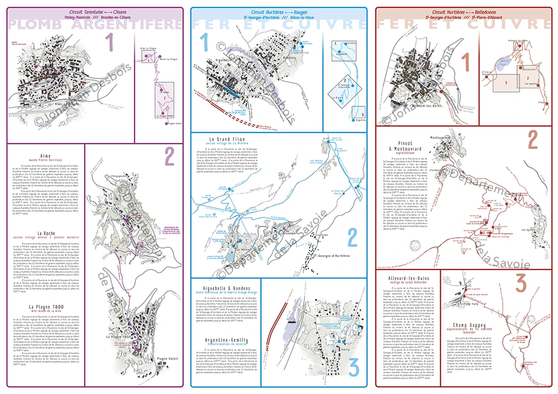 Cartographie d’itinéraires touristiques avec zooms sur des secteurs agrandis pour une meilleure compréhension du territoire.