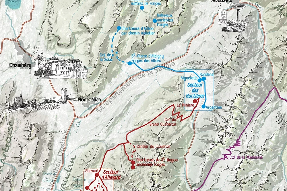jonathan-desbois-illustration-paysage-cartographie-4b-03 Cartographie d’itinéraires touristiques avec zooms sur des secteurs agrandis pour une meilleure compréhension du territoire.