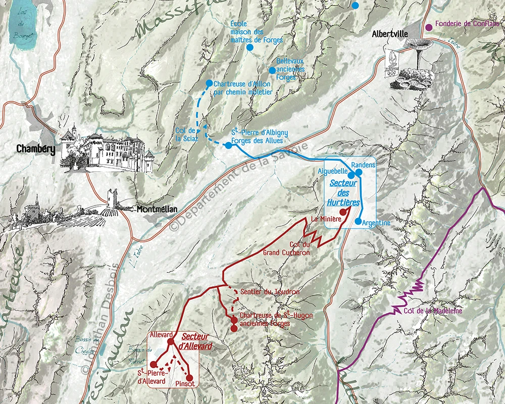 Cartographie d’itinéraires touristiques avec zooms sur des secteurs agrandis pour une meilleure compréhension du territoire.