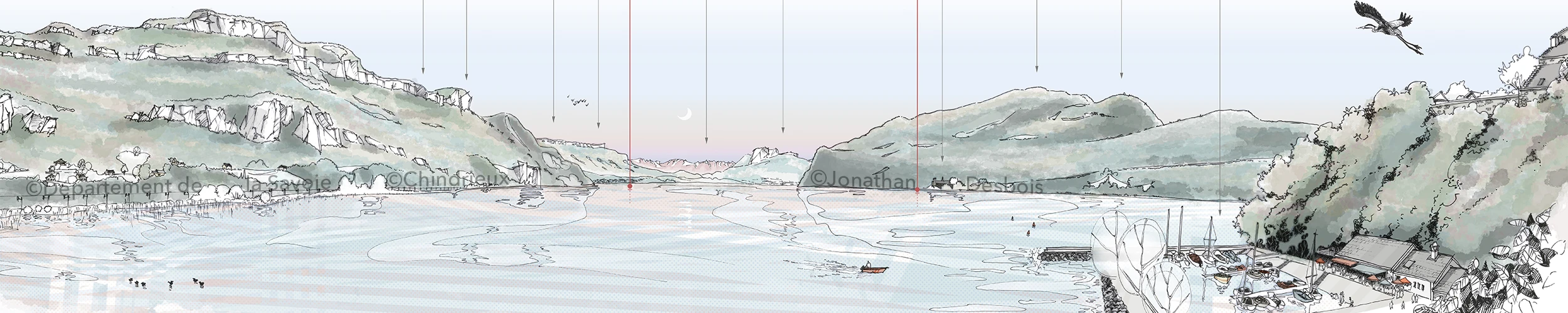 Panorama paysager du lac du Bourget depuis la Baie de Châtillon, en Savoie, aux couleurs du soleil couchant, avec la lune qui se lève.
