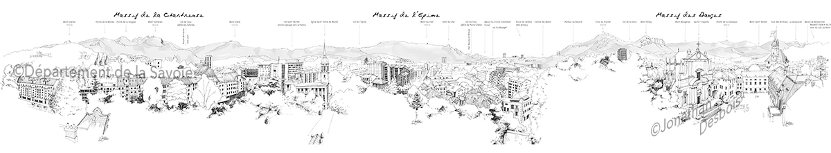 Panorama urbain et paysager représentant Chambéry et ses massifs montagneux, vus depuis la tour demi-ronde du château des Ducs de Savoie.