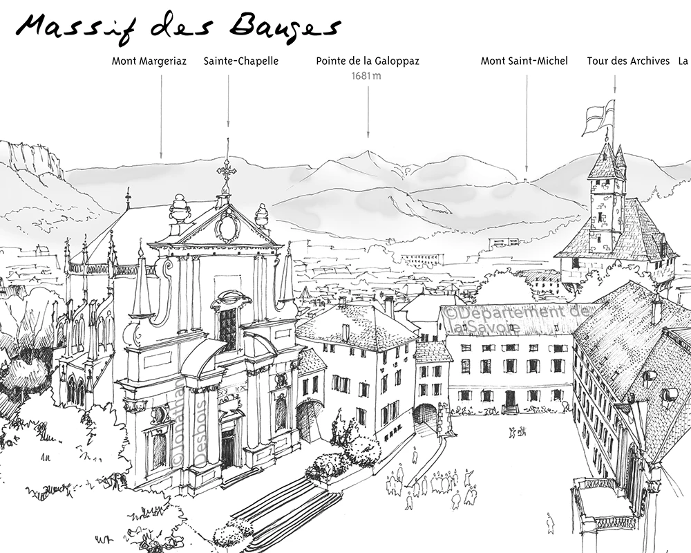 Panorama urbain et paysager représentant Chambéry et ses massifs montagneux, vus depuis la tour demi-ronde du château des Ducs de Savoie.