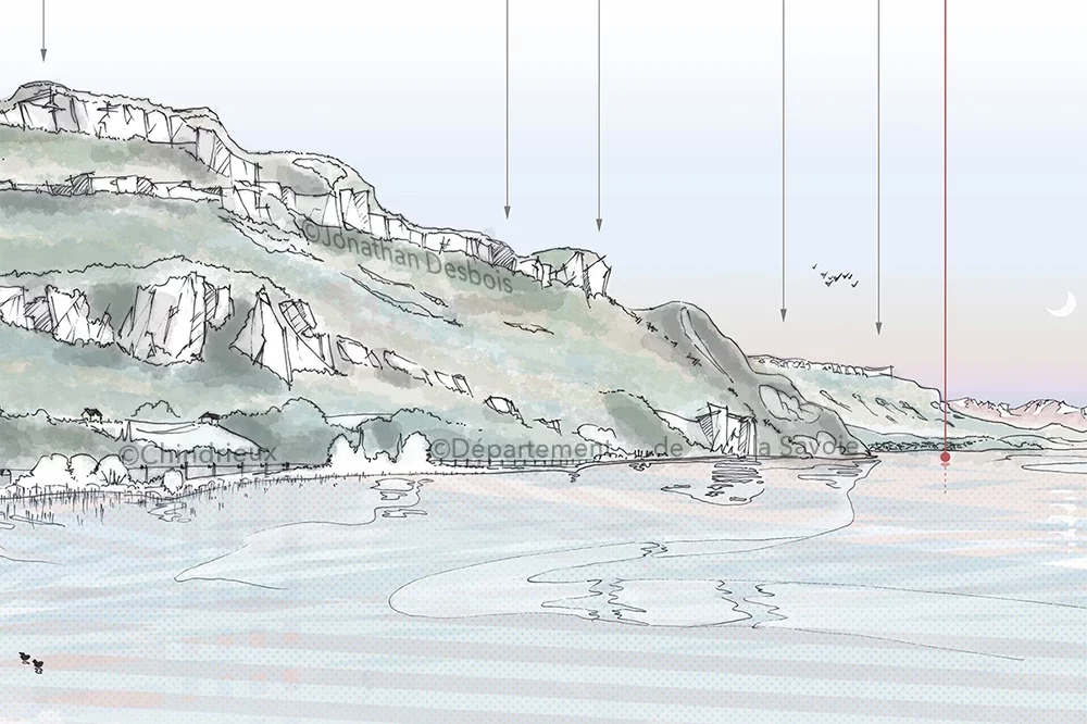 jonathan-desbois-illustration-paysage-panorama-4e-03 Panorama paysager du lac du Bourget depuis la Baie de Châtillon, en Savoie, aux couleurs du soleil couchant, avec la lune qui se lève.