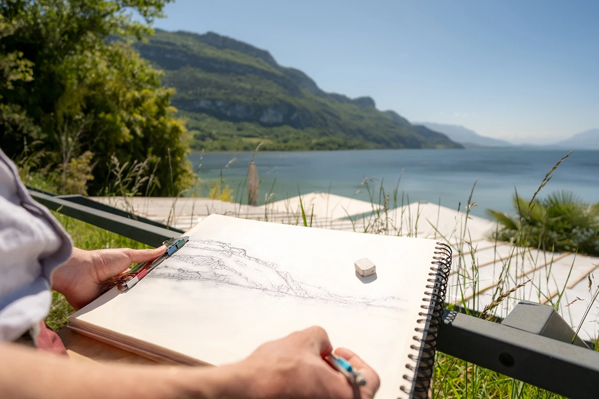 Esquisse pour le panorama de la Baie de Châtillon, à Chindrieux, en Savoie.