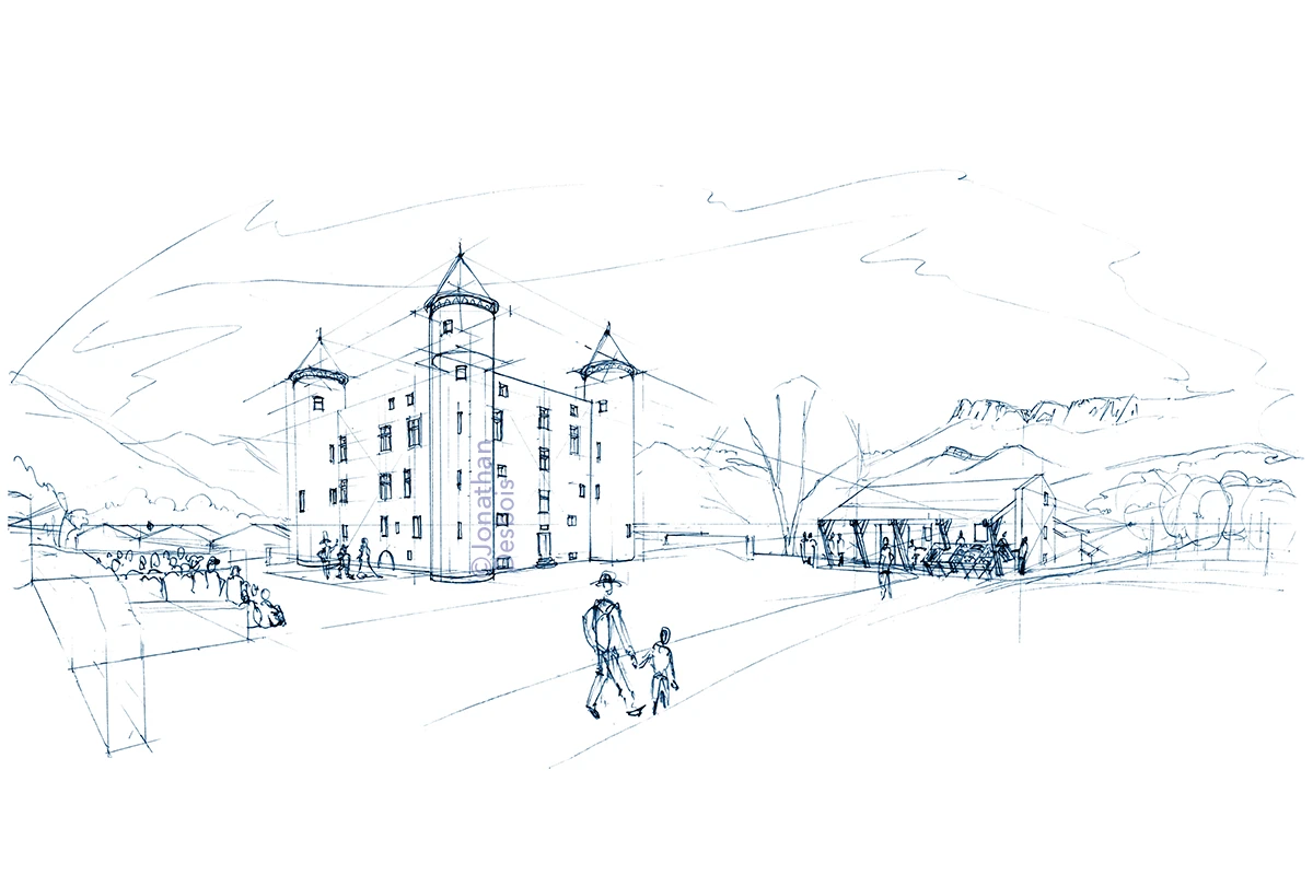 Esquisse pour le château de Bon Repos à Jarrie, avec des vergers et les montagnes en arrière-plan.