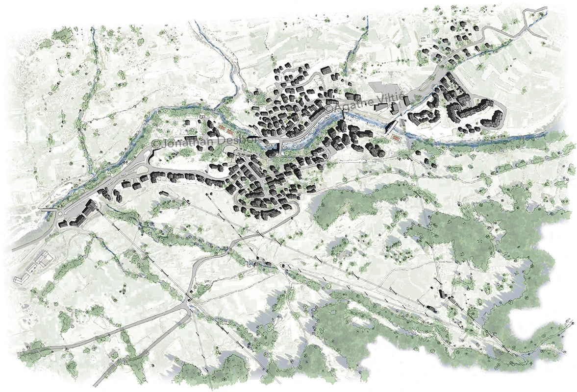 Plan d’un village de haute montagne, en Savoie, dans la vallée de la Maurienne, sur la commune de Val Cenis.