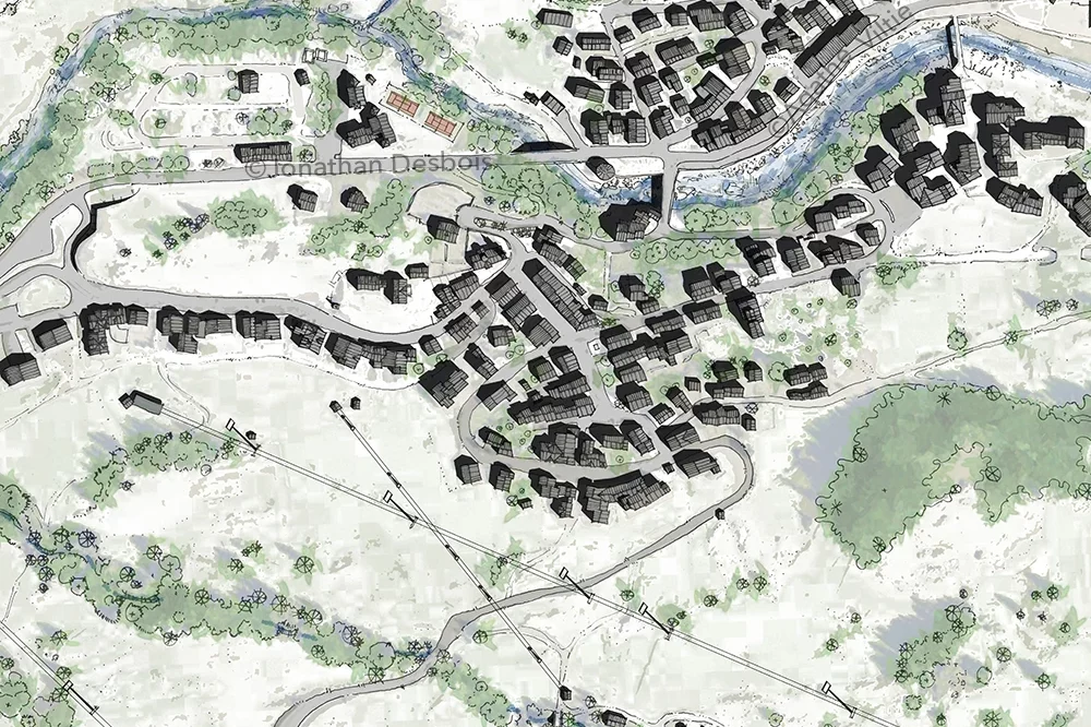jonathan-desbois-illustration-paysage-plan-4d-02 Plan d’un village de haute montagne, en Savoie, dans la vallée de la Maurienne, sur la commune de Val Cenis.