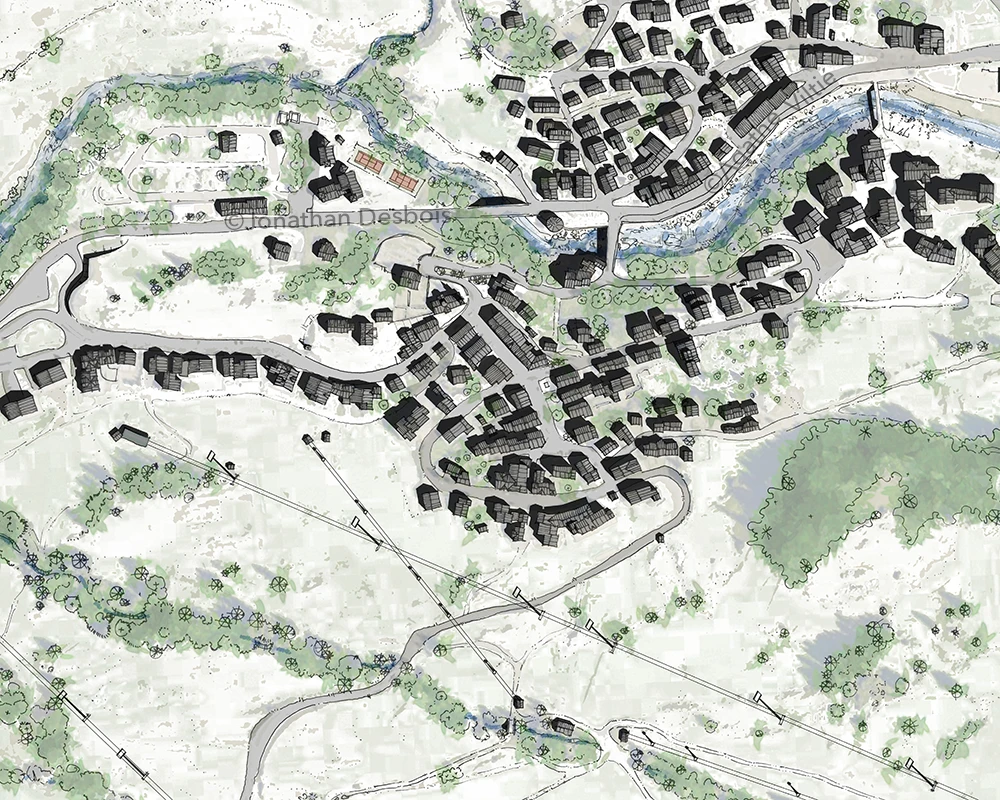 Plan paysager d’un village de haute montagne, dans la vallée de la Maurienne, sur la commune de Val Cenis.