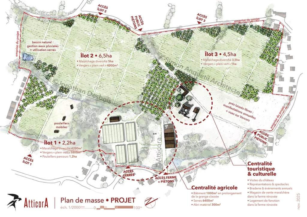 Plan de masse paysager illustré en couleurs, pour le projet de maraîchage situé au château de Bon Repos