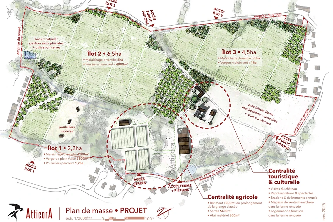 jonathan-desbois-illustration-paysage-plan-4f-03 Plan de masse paysager illustré en couleurs, pour le projet de maraîchage situé au château de Bon Repos