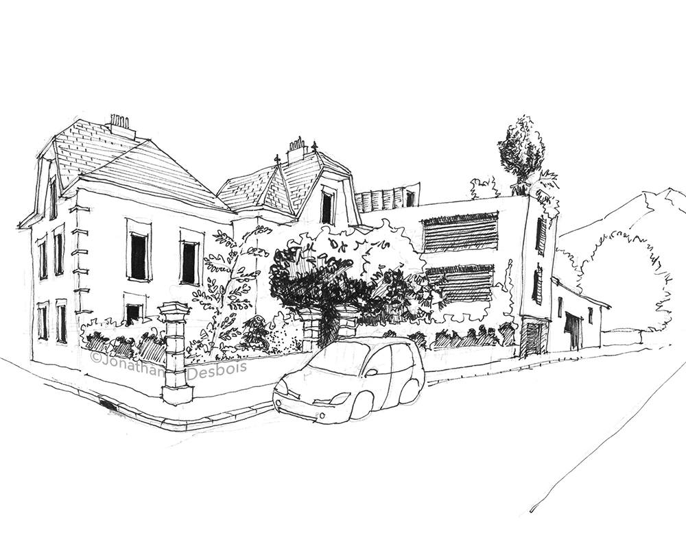 Croquis d'une promenade architecturale dessinée dans la rue, à Grenoble.