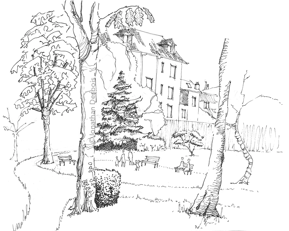 Croquis d'une promenade architecturale et urbaine dessinés dans la rue, à Grenoble.