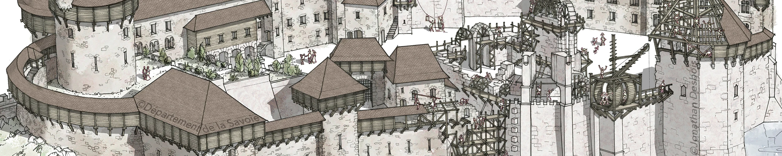 Illustration de reconstitution historique représentant le château des Ducs de Savoie en chantier, à Chambéry.