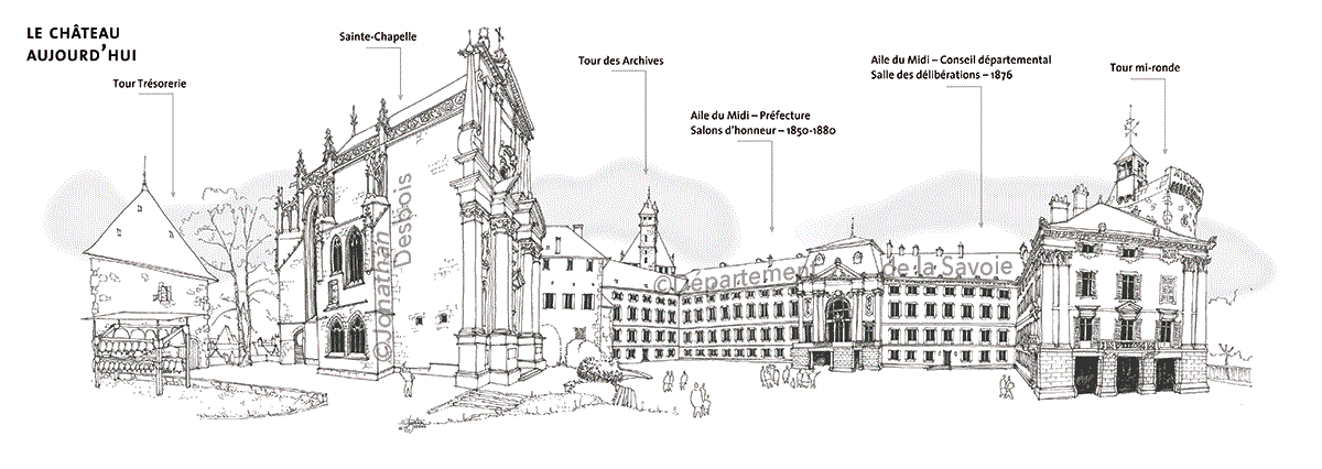 Animation montrant successivement le château des Ducs de Savoie dans sa reconstitution au 15ème siècle, puis dans son état actuel.