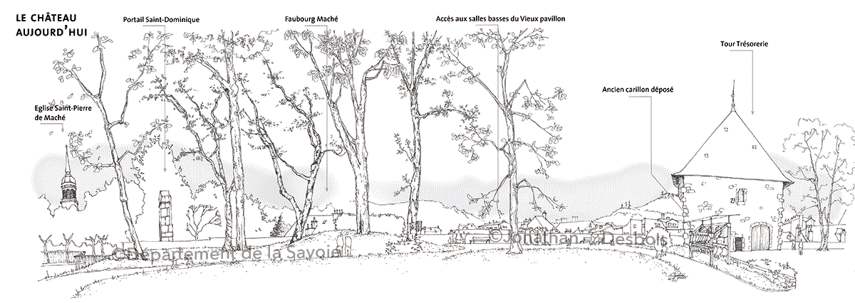 Animation montrant successivement le château des Ducs de Savoie dans sa reconstitution au 15ème siècle, puis dans son état actuel.