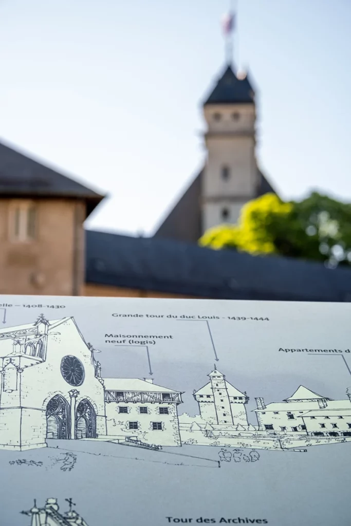 Panneau signalétique du château des Ducs de Savoie, dans son état existant, et dans sa reconstitution gothique et médiévale.