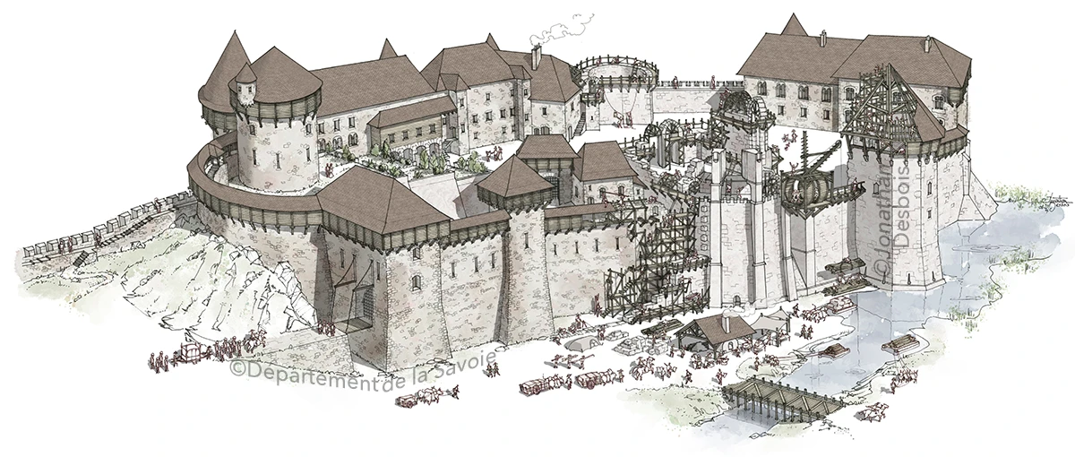 Illustration de reconstitution historique représentant le château des Ducs de Savoie en chantier, à Chambéry.