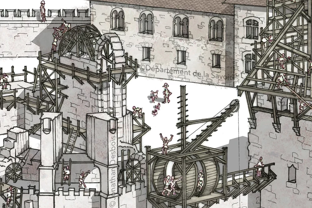 jonathan-desbois-illustration-reconstitution-historique-chateau-1c-02 Illustration de reconstitution historique représentant le château des Ducs de Savoie en chantier, à Chambéry.