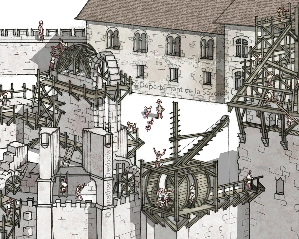 Illustration de reconstitution historique représentant le château des Ducs de Savoie en chantier, à Chambéry.