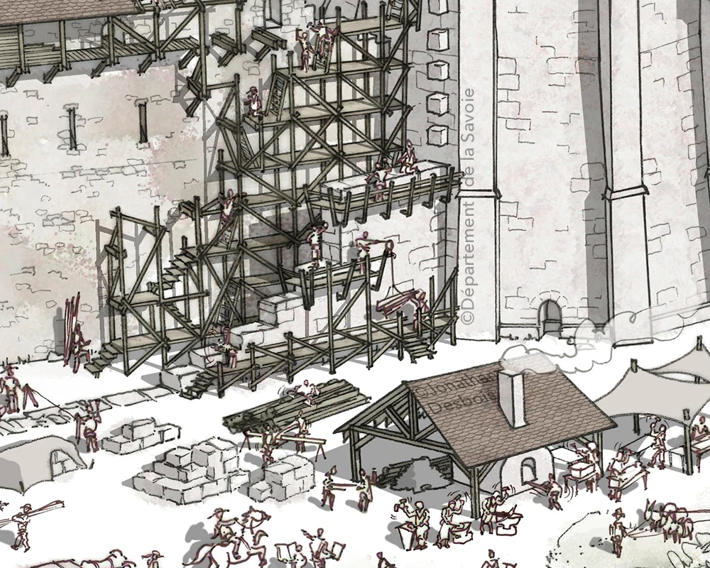 Illustration de reconstitution historique représentant le château des Ducs de Savoie en chantier, à Chambéry.