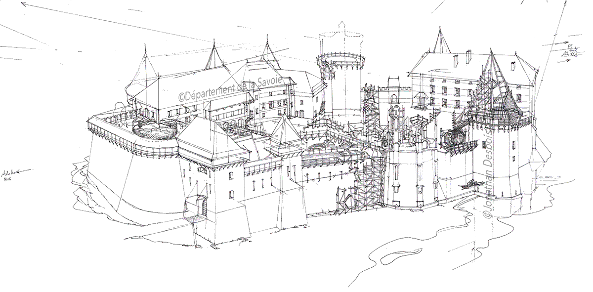 Animation montrant l’élaboration progressive de l’illustration du château de Chambéry en chantier.