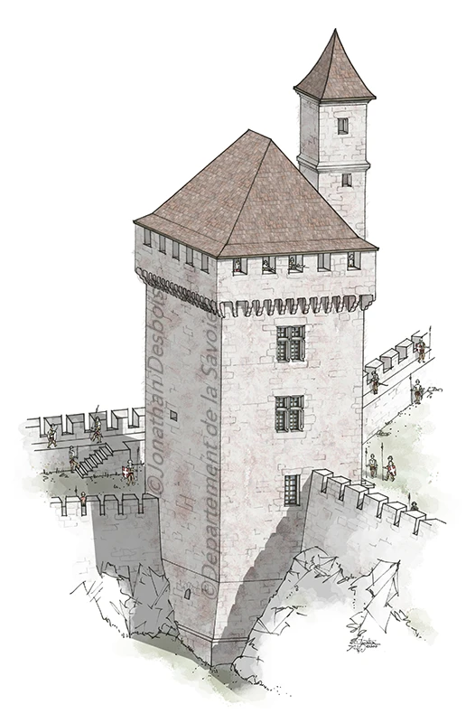 Illustration de reconstitution historique représentant la tour des Archives, à Chambéry.