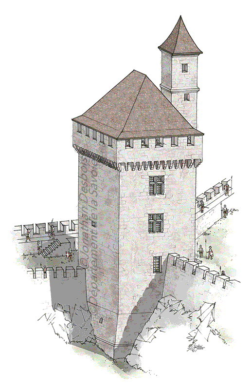 Animation montrant les tours du château de Chambéry successivement en vue entière, puis en vue écorchée.