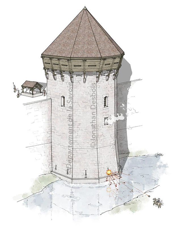 Illustration de reconstitution historique représentant la tour de la Trésorerie, à Chambéry.