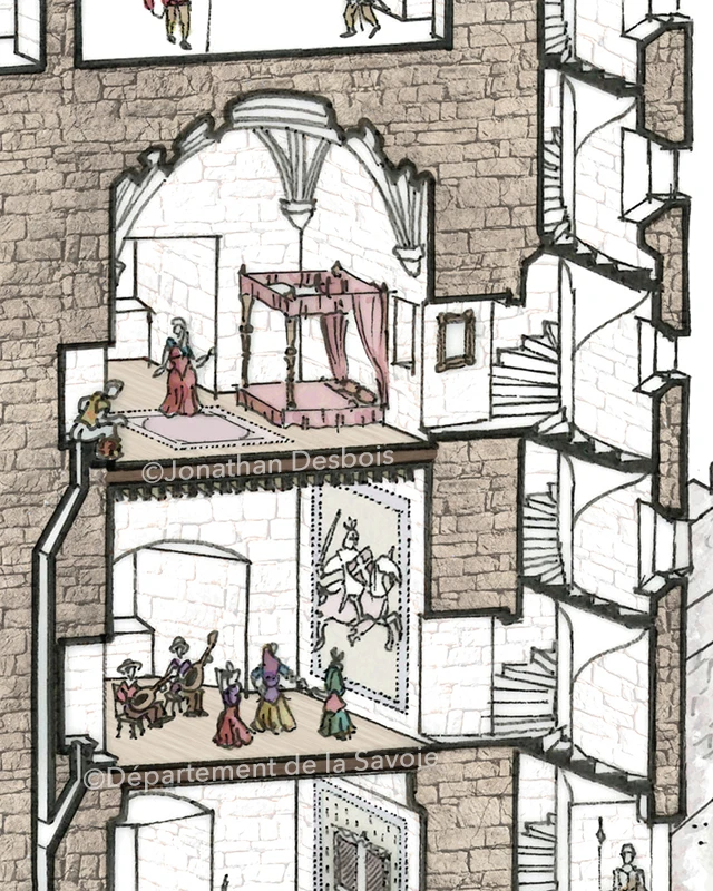 Illustration de reconstitution historique représentant les tours écorchées dites des Archives et de la Trésorerie, à Chambéry.