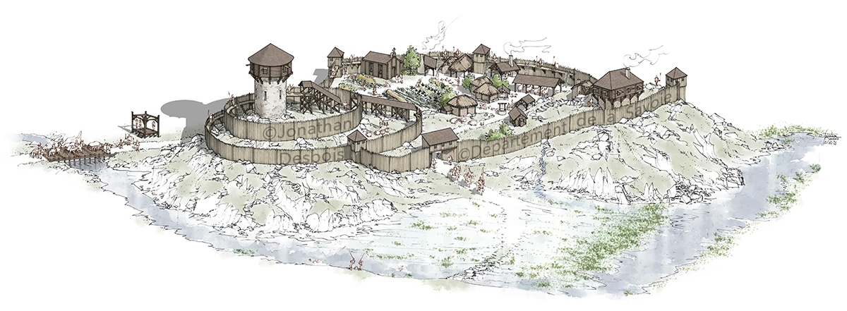 Illustration de reconstitution historique représentant le château primitif en bois, autrement appelé « motte castrale ».